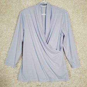 J McLaughlin Faux Wrap Top Womens Large Blue Stretch Long Sleeve Pullover Casual